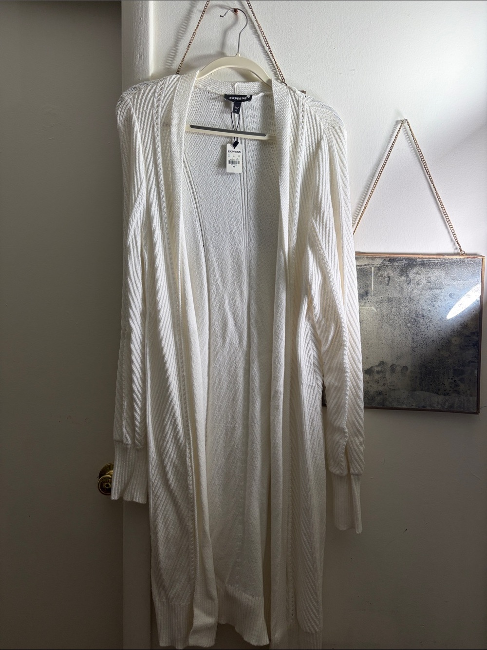 Express Cream Long Open-Front Ribbed Cardigan